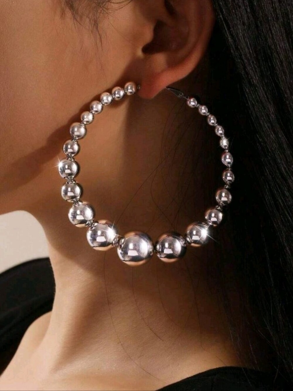 NEW! Classic Silver Beaded Large Hoop Earrings - Women Jewelry